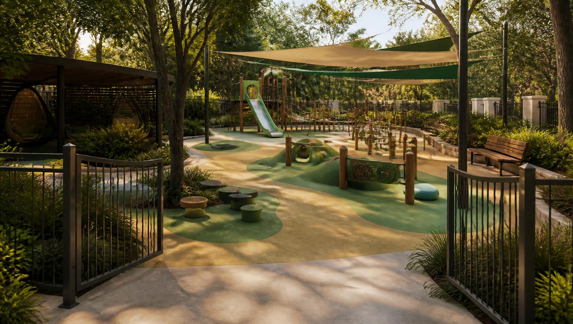 Rendering of an inclusive sensory playground in a gated garden courtyard with poured rubber surfacing, shade sails, and nearby benches