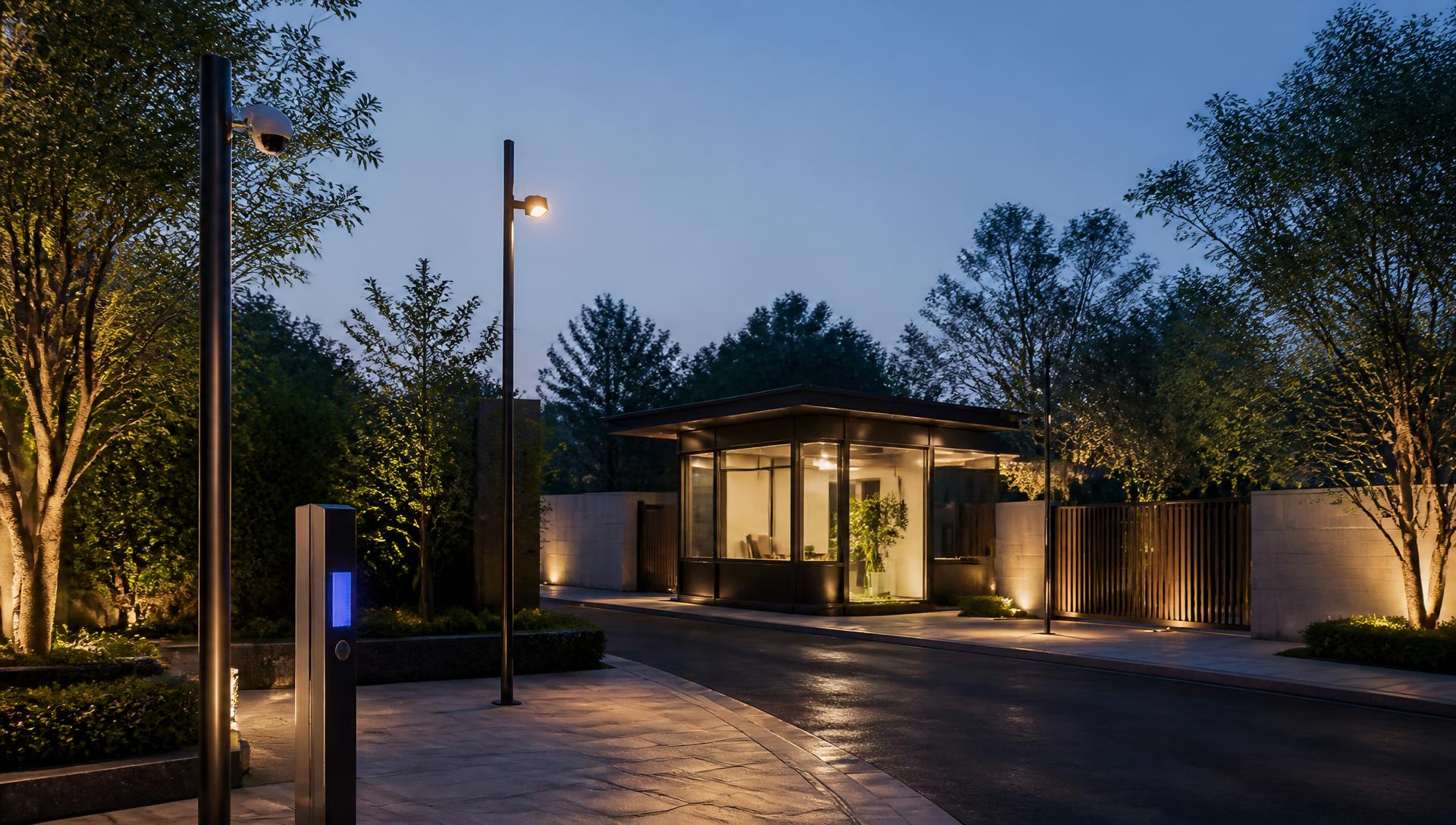 Rendering of camera poles, an illuminated emergency call station, and a small glass security office pavilion at dusk